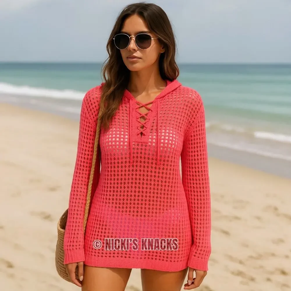 Mododoc Pointelle Open Stitch Hooded Lace-Up Sweater Neon Coral Size M